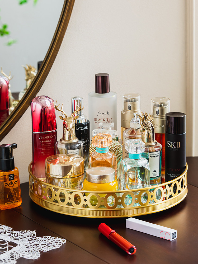 Luxury Skincare Tray - Light luxury mirror brass rotatable storage